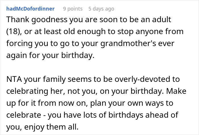 Reddit comment advising a 17YO venting about sharing a birthday with grandma and family causing drama.