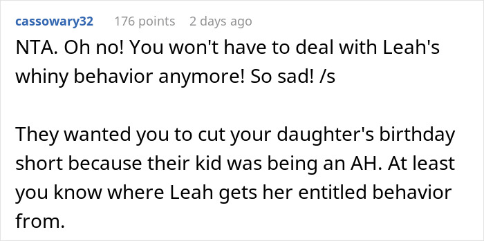Reddit comment discussing a 12-year-old ruining a friend's birthday by demanding to go home and causing drama between moms.