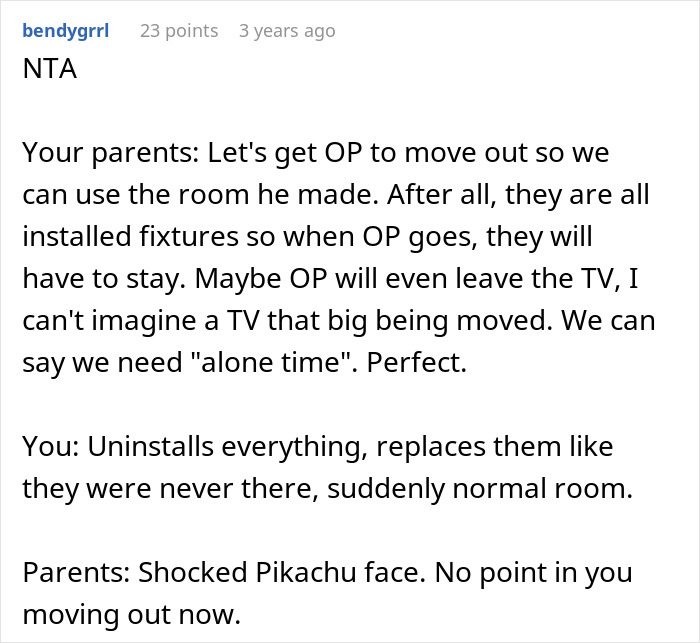 Text post from user bendygrrl explaining parents kick out daughter to move into her remodeled room, and she removes all fixtures in response.