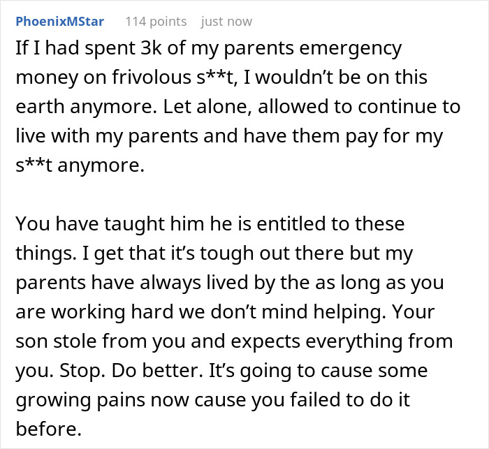 Comment discussing a 20-year-old mooching off parents and stealing $3K, leading to being kicked out by them.