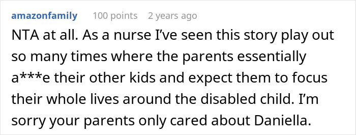 Screenshot of a comment discussing family conflict over caring for a disabled sister and accusations of ableism. Screenshot of a comment discussing family conflict over caring for a disabled sister and accusations of ableism.