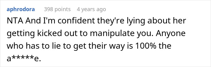 Screenshot of a forum comment about a brother-in-law trying to dump grandma on wife&rsquo;s siblings, sister called selfish for refusal.