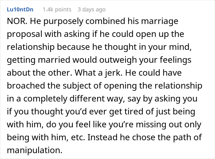 Comment discussing a guy&rsquo;s open marriage proposal and his girlfriend walking away after he drops to one knee with a ring.