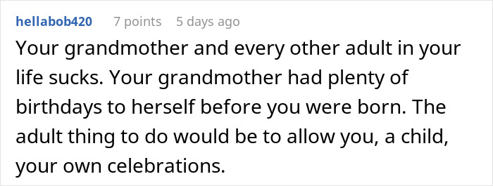 Screenshot of a Reddit comment venting about sharing a birthday with grandmother, sparking family drama after an aunt overhears.