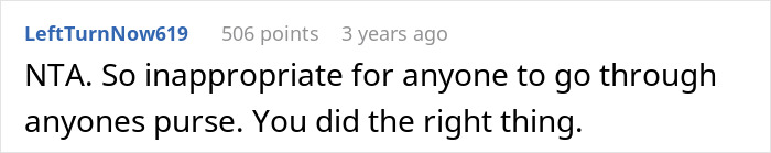 Comment from user discussing coworker snooping around in woman's purse, affirming it was inappropriate and she did the right thing reporting him.
