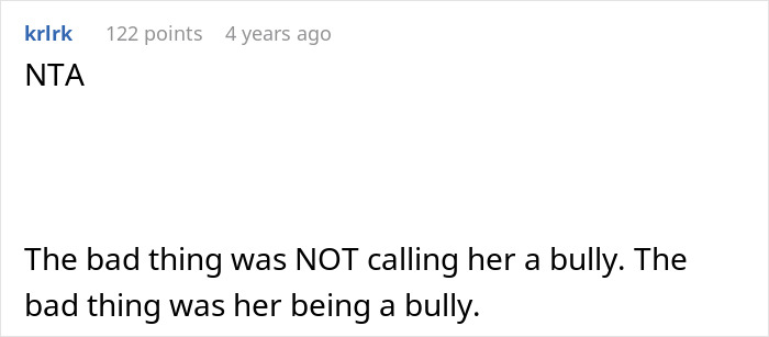 Comment section showing a user stating the issue is not calling wife a bully but her being a bully in an online discussion.