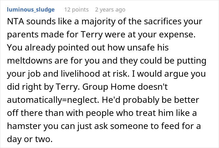 Comment discussing a woman setting a boundary about disabled brother&rsquo;s care after a controversial drop-off incident.