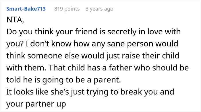 Reddit comment discussing a woman keeping her ex&rsquo;s baby, assuming male best friend will take the father role.