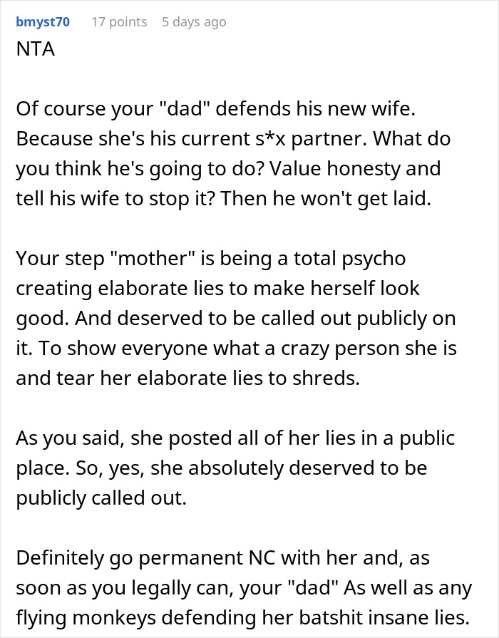 Alt text: Online discussion about teen confronting stepmom&rsquo;s hypocrisy and public lies with strong opinions and advice.