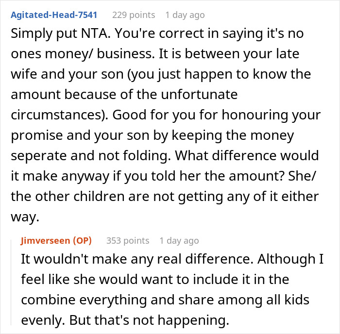 Reddit discussion about wife throwing tantrum when husband refuses to disclose stepson inheritance details.