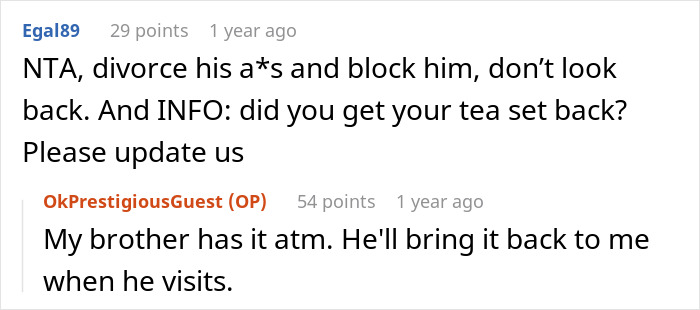 Screenshot of an online discussion about a man ruining his marriage by stealing his wife&rsquo;s tea set and giving it to his niece.