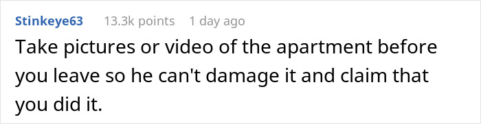 Comment advising to take pictures or videos of the apartment to prevent damage claims after a breakup announcement.