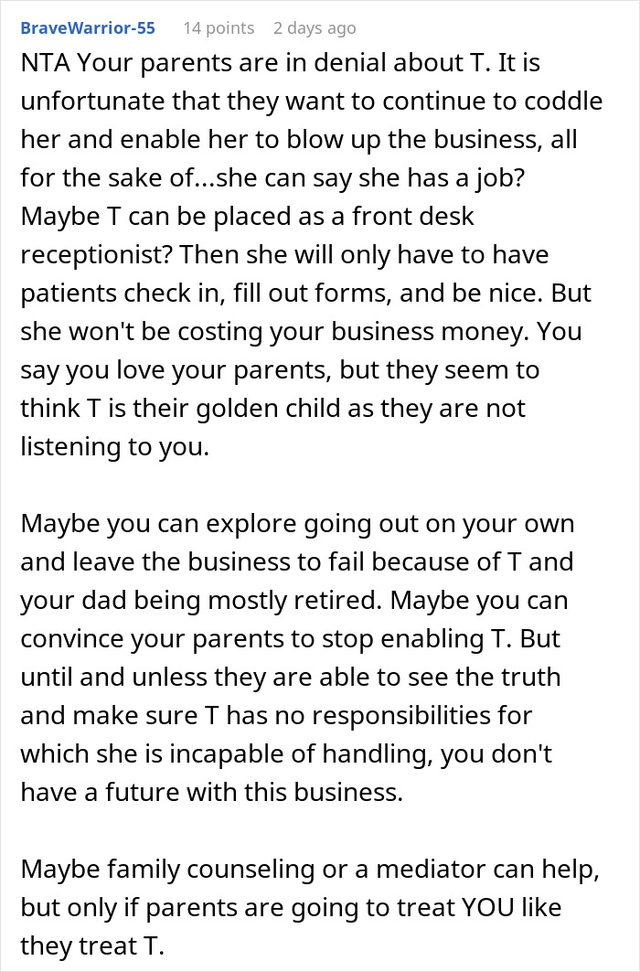 Reddit comment advising a doctor on family conflict after refusing to rehire sister who cost the practice $40,000.