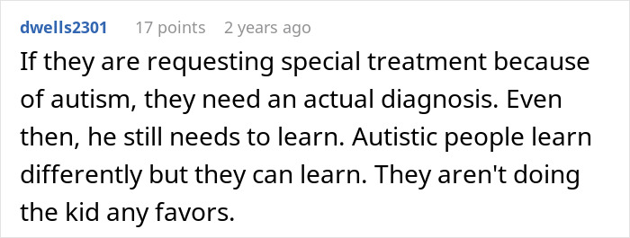 Screenshot of a user comment discussing the need for an autism diagnosis and learning challenges in children.