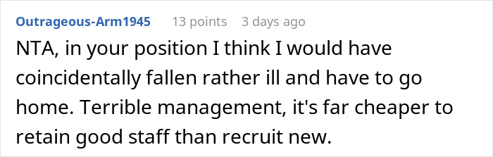 Screenshot of a Reddit comment discussing management issues and staff retention amid market changes and paycheck disparities.