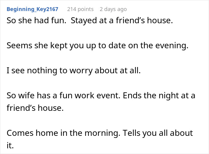 Comment text about a woman going to a gala with a client as her date, raising husband&rsquo;s questions.