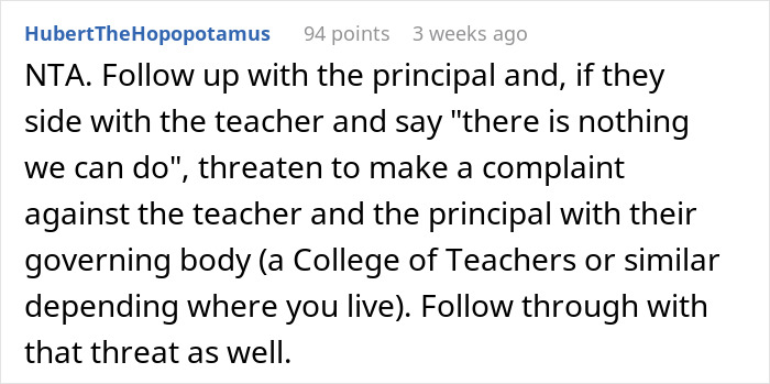 Comment advocating to follow up with the school principal after math teacher bans diabetic kid from checking glucose.
