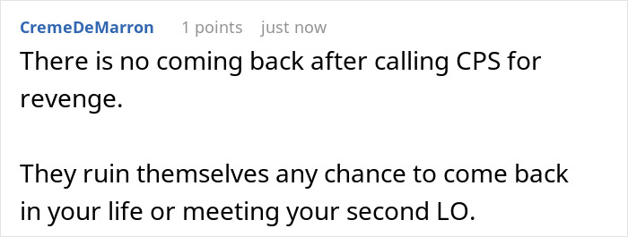 Text excerpt on a digital screen about calling CPS for revenge after banning toxic in-laws from visiting a newborn.