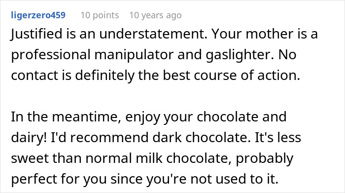 Comment discussing parents lied about food allergies and recommending no contact as the best response for the daughter.