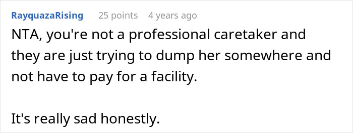 Comment discussing BIL trying to dump grandma on wife&rsquo;s siblings, with sister called selfish for refusing care.