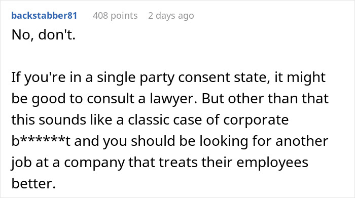 Screenshot of an online comment advising an employee on exposing management and HR to coworkers risks.