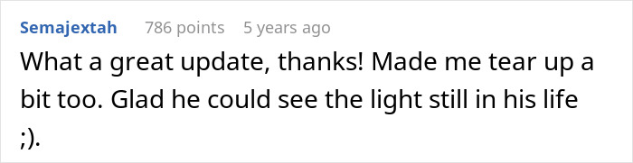 Comment expressing gratitude and emotional response about a guy wondering if he should tell his son the truth about his real parents.