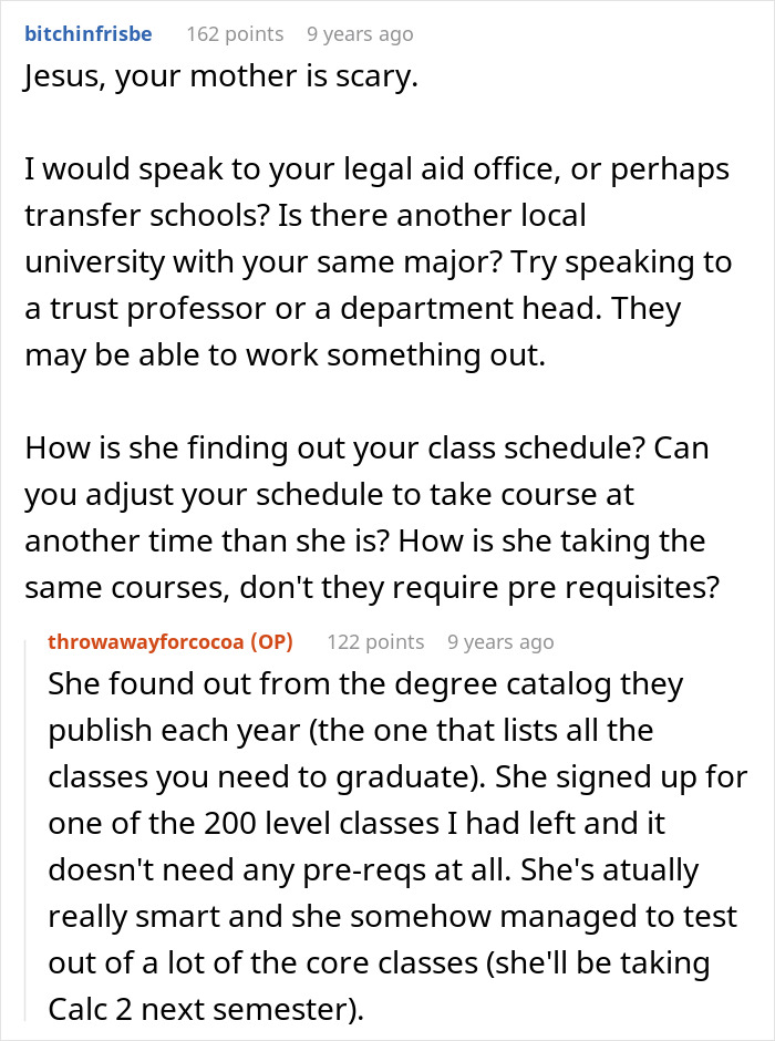 Text conversation about a daughter&rsquo;s class schedule, legal advice, and dealing with a controlling parent&rsquo;s interference.