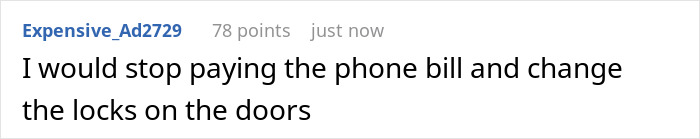 Comment suggesting to stop paying the phone bill and change door locks due to 20-year-old mooching off parents and stealing money.