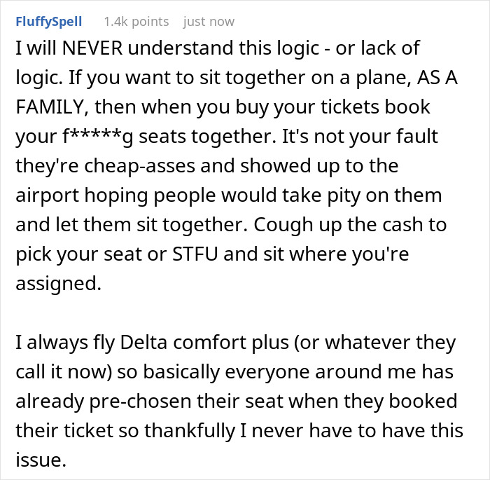 Reddit comment criticizing rude family trying to bully lady out of plane seat and coworkers calling her a villain.