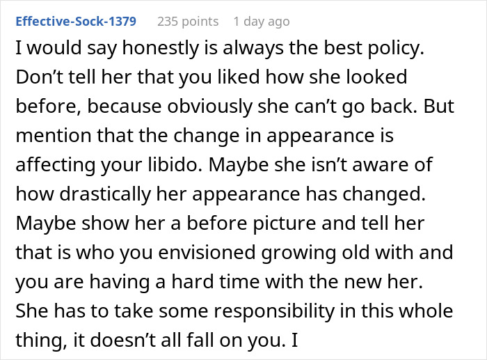 Screenshot of a Reddit comment advising honesty about husband unattracted to wife after plastic surgery affecting libido and appearance.