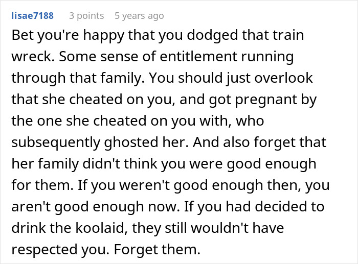 Comment highlighting betrayal and manipulation in a relationship, involving cheating and false pregnancy claims.