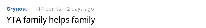 Screenshot of a Reddit comment saying YTA family helps family in a discussion about spoiled daughter and neglected son.