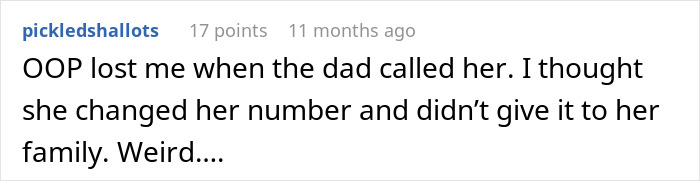 Screenshot of an online comment discussing parents who lied about food allergies causing no contact with their daughter.