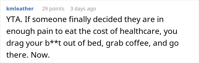 Comment discussing not refusing to visit girlfriend in hospital, emphasizing caring despite healthcare costs and pain.