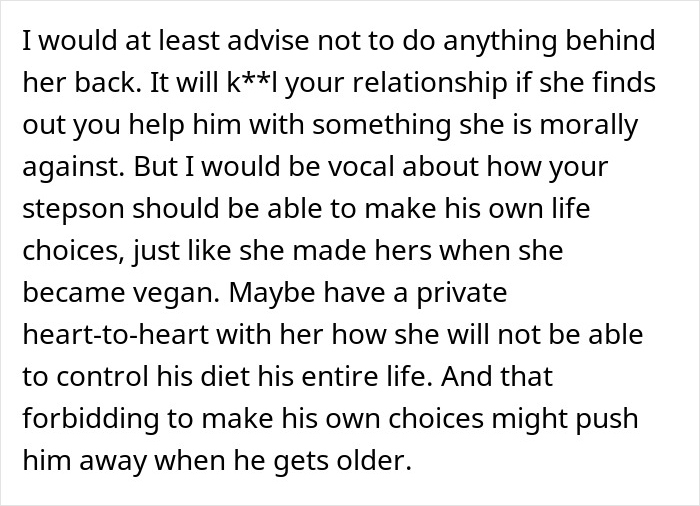 Man prepared to defend stepson&rsquo;s right to change diet while mom opposes his dietary choices at home.