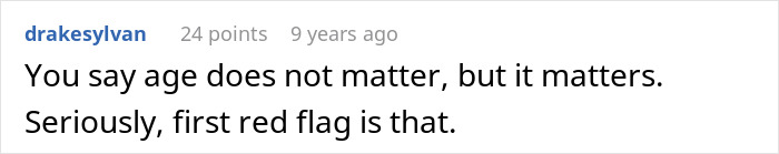 Comment text on a white background discussing age differences as a red flag in relationships involving a woman and her boyfriend&rsquo;s grown son.
