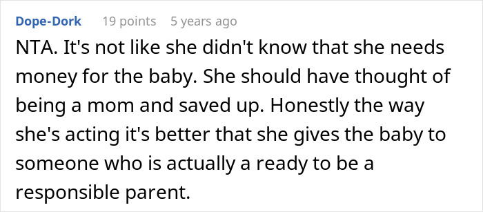 Screenshot of a Reddit comment discussing a woman who can&rsquo;t afford her miracle baby and asks half-brother to adopt it.