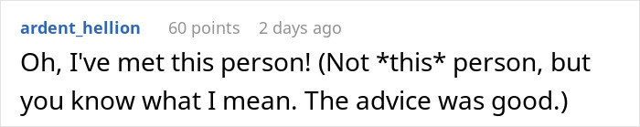 Text comment on screen about meeting an obnoxious dinner guest husband, captioned with a user named ardent_hellion.