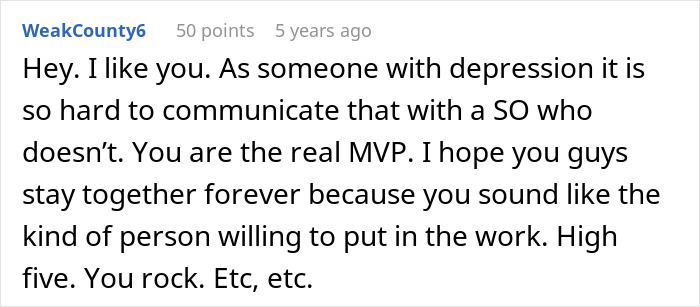 User comment about the challenges of depression affecting communication with a significant other, emphasizing support and effort. User comment about the challenges of depression affecting communication with a significant other, emphasizing support and effort.