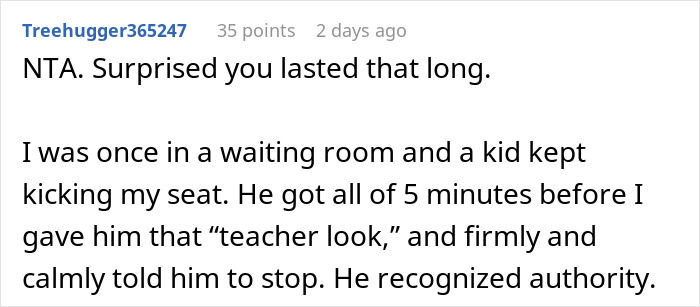 Screenshot of a Reddit comment sharing an experience with a disruptive kid and authority in a waiting room.