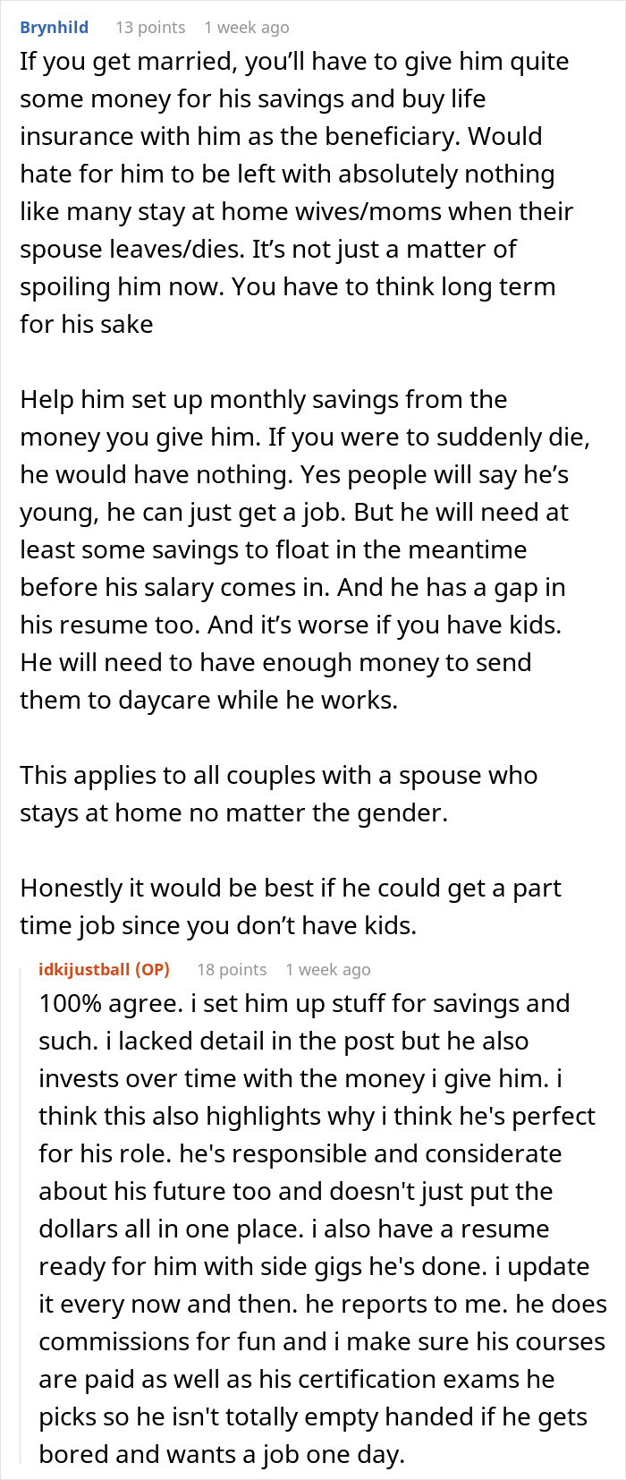 Reddit conversation about woman proudly funding her stay-at-home boyfriend she finds intelligent kind and worth every penny