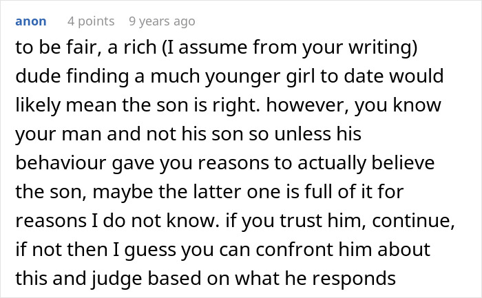 Text post discussing a younger woman dating a man and challenges with his grown son&rsquo;s opinions.