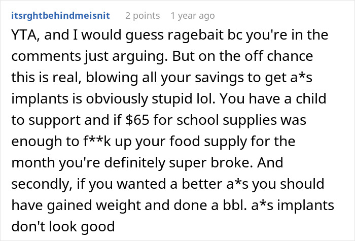 Comment discussing a single mom's plastic surgery spending and the harsh reality of lacking support afterward.