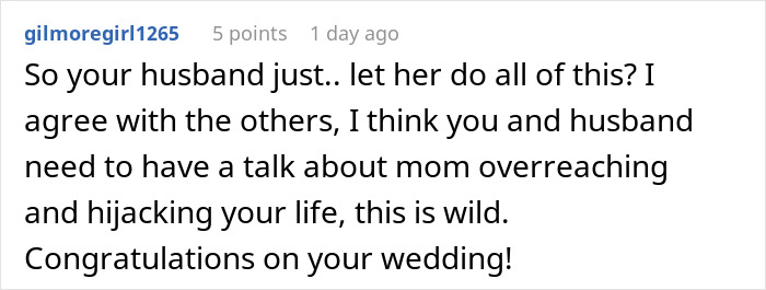 Reddit comment discussing a mother-in-law trying to be the center of attention during a wedding and causing conflict.