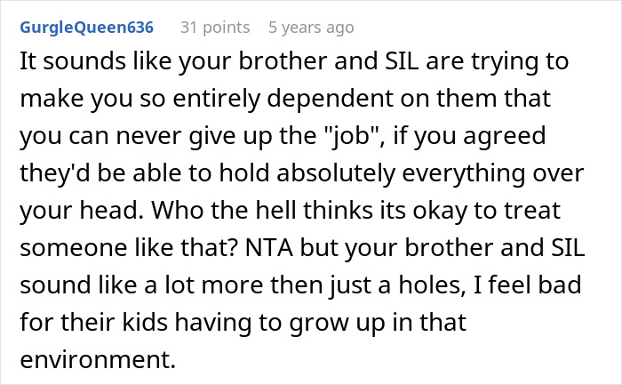 Screenshot of a forum comment discussing a brother&rsquo;s live-in nanny job offer with unreasonable demands.