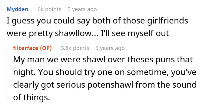 Screenshot of a Reddit conversation with users making puns about guys buying shawls and their girlfriends' reactions.