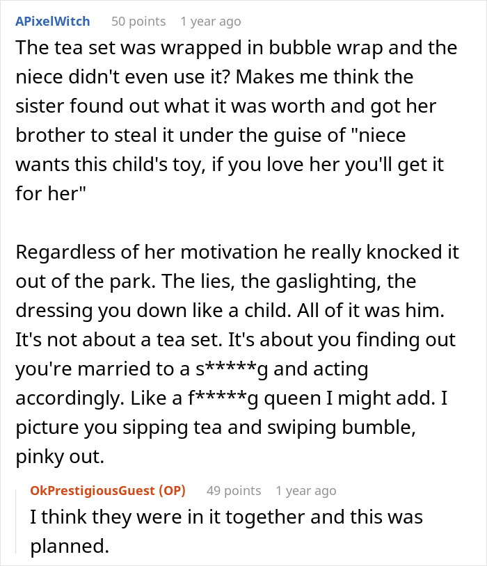 Reddit comments discussing a man stealing his wife&rsquo;s tea set and the impact on his marriage and family trust.