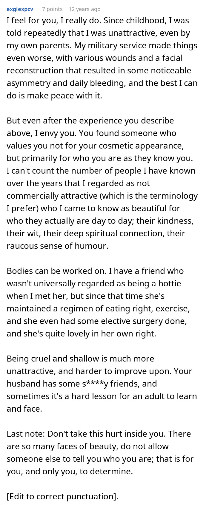 Comment expressing empathy for wife who hears husband admit she&rsquo;s ugly, discussing beauty beyond appearance and self-worth.