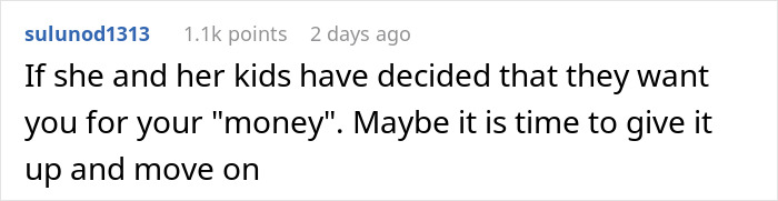 Screenshot of a Reddit comment discussing a guy refusing to be a step-father due to expectations of cool gifts from children.