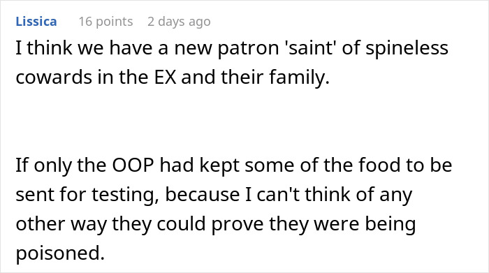 Comment discussing suspicion of homemade food causing illness, mentioning testing to prove poisoning and family implications. Comment discussing suspicion of homemade food causing illness, mentioning testing to prove poisoning and family implications.